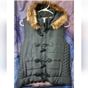Vanity Charcoal Gray Puffer Coat Ski Jacket Vest Faux Fur Hood Fleece Lined NWT